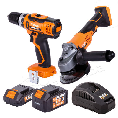 Villager AKU SET bušilica VLN 3220 + brusilica VLN 4320, FUSE  baterija 1.5Ah, FUSE baterija 3Ah, FUSE punjač 2.4A